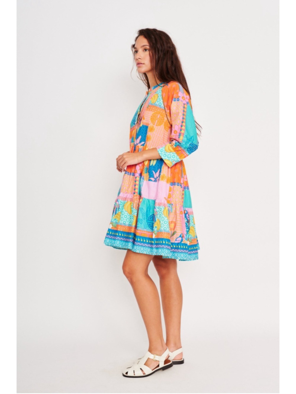 Women's dRA Mini Dress Size M Orange Pink Patchwork Print - Picture 2 of 7